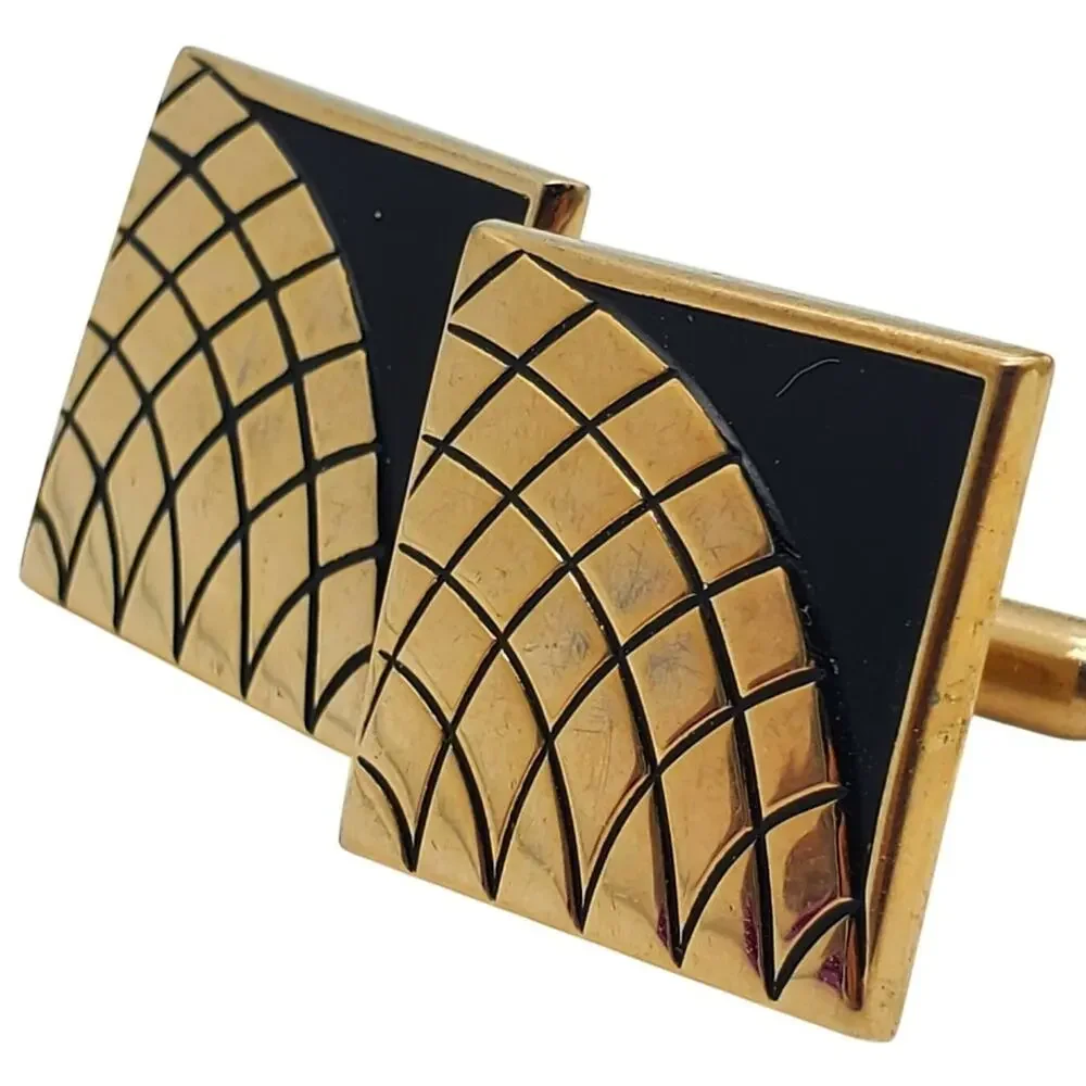 Art Deco Cufflinks Gold Black Enamel Geometric Square Modernist Fan Swank Retro